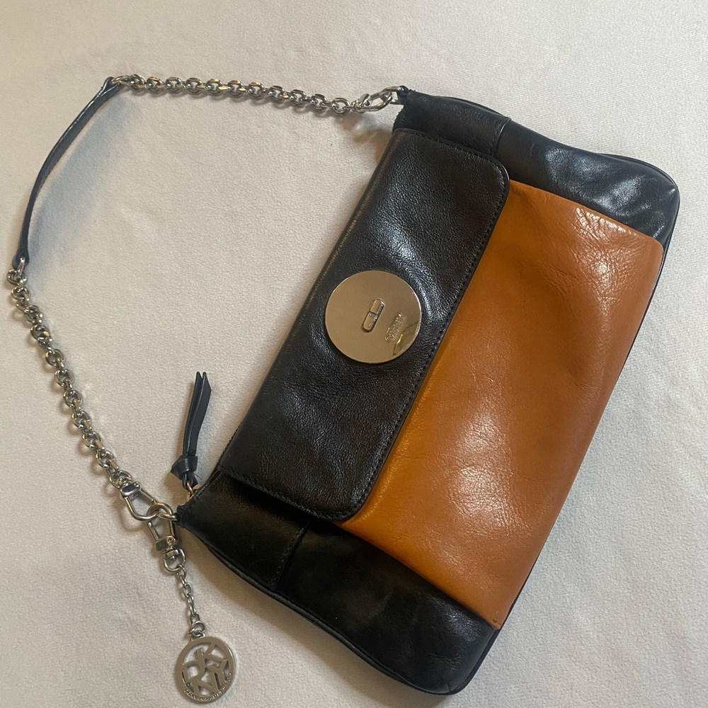 Vintage DKNY Leather Colorblock Handbag Black Cognac Y2K Convertible Clutch